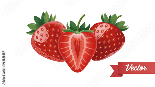 Fresh strawberries arranged in a heart shape with green leaves and stems Vector