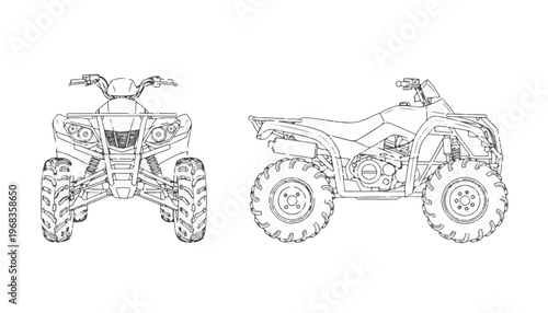 Line drawing of an allterrain vehicle from front and side views