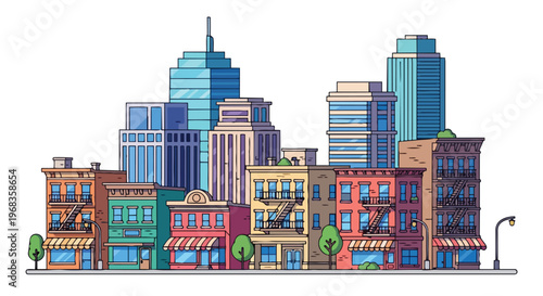 A Colorful and Stylized Urban Skyline Featuring Diverse Architectural Styles and City Life Elements