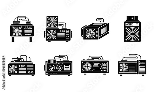 Set of ASIC miner vector icons. Cryptocurrency mining farm equipment isolated.