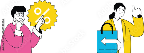 Two people showing contrasting reactions to pricing and exchange policies with shopping bag and discount symbol