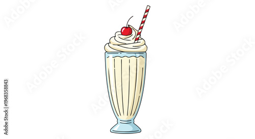 A Classic Creamy Vanilla Milkshake with a Cherry on Top and a Red Striped Straw in a Fluted Glass