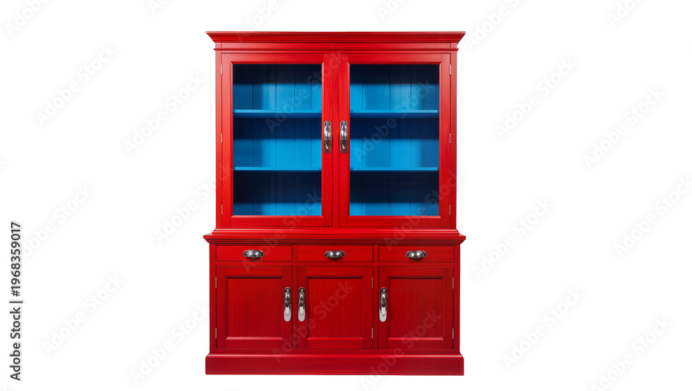 Obraz premium Elegant red wooden hutch with three drawers and glass-doored shelves displaying blue interior, isolated on transparent background for interior design projects