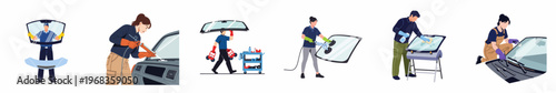 Professional Auto Glass Repair and Replacement Service Technicians Set with Diverse Workers Performing Various Maintenance Tasks on Car Windshields