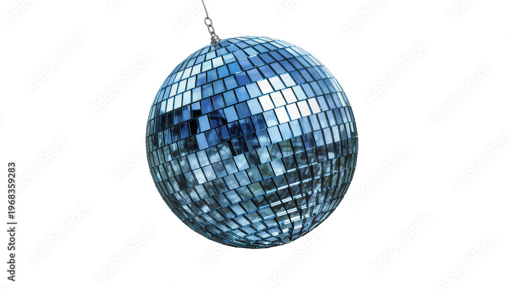 Fototapeta premium Shiny silver disco ball with numerous small mirror tiles reflecting blue sky and fluffy clouds, isolated on transparent background for party decorations