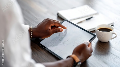 Professional using digital tablet at desk with notebook and coffee in modern office.