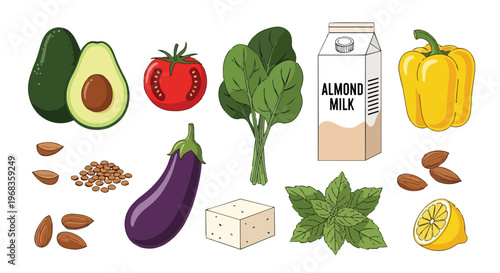 Vibrant Assortment of Fresh Produce and Dairy Alternative Showcasing Healthy Eating Choices