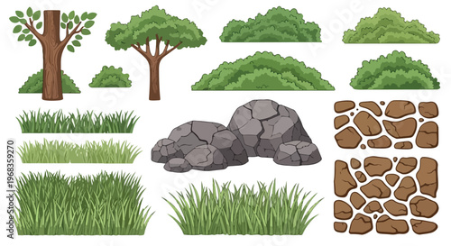 Cartoon nature landscape elements set, green trees and bushes vector collection, garden grass and stone rock assets for game design isolated PNG with Transparent Background