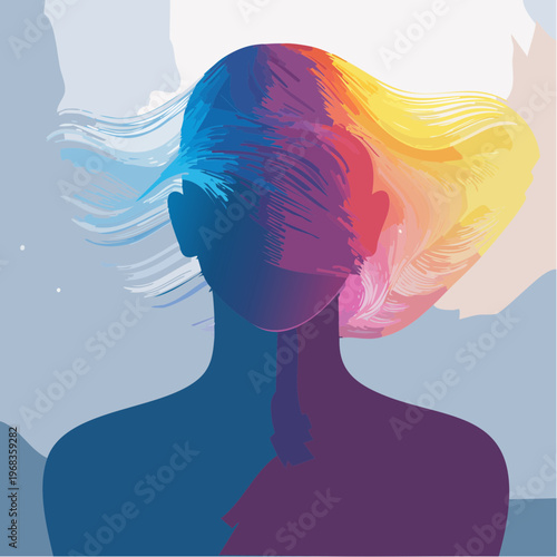 Vector illustration of a silhouette of a head and shoulders with vibrant, abstract, brushstroke-like hair in rainbow colors. The body is split between blue and purple. 