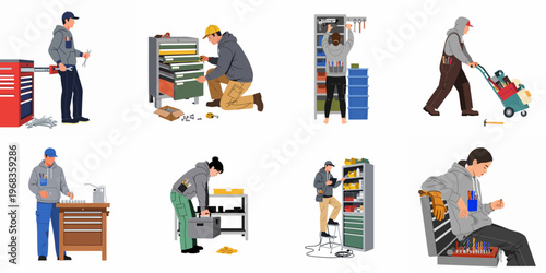 Set of male and female technicians and repair workers using various tools and storage systems for maintenance and workshop organization tasks.