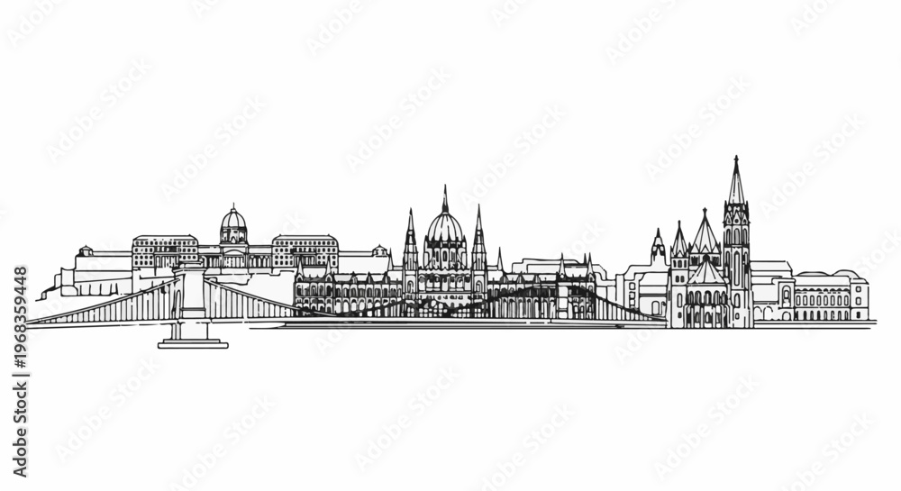 Fototapeta premium Detailed black and white line art sketch of a majestic cityscape with ornate buildings and a bridge