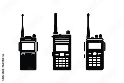 Set of walkie talkie silhouettes, portable two-way radio icons for professional communication, security, and emergency services