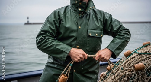 Professional fisherman in green waterproof gear mending fishing net on boat at sea in overcast weather