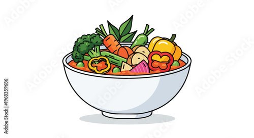 Vibrant Cartoon Bowl Overflowing with Freshly Chopped Garden Vegetables in a Savory Broth