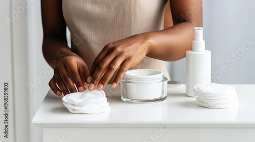 Close-up of hands arranging cotton pads with skincare products on bathroom counter