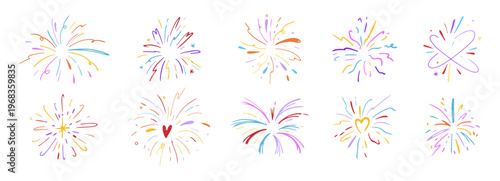 Crayon firework set pastel confetti, hand drawn sketch chalk texture. Kids color chalk pencil firecracker, sunburst, explosion