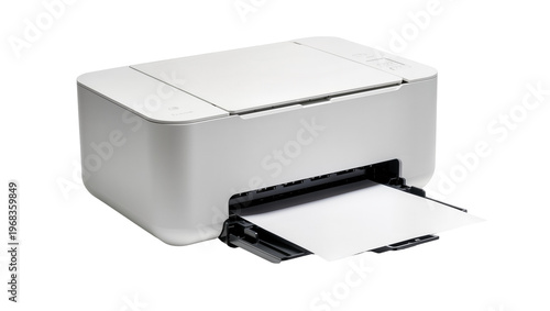 Bild auf Leinwand Modern gray inkjet printer with sleek rounded design and paper tray extended, is