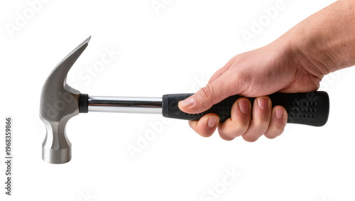 Bild auf Leinwand Human hand firmly gripping a silver claw hammer with a black rubber handle, isol