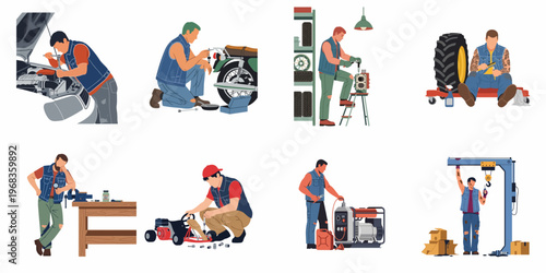 Collection of professional mechanics and repairmen fixing various vehicles and machinery in workshops, featuring cars, motorcycles, generators, and more.