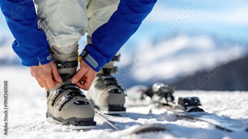 Skier tightening ski boot buckles on snowy slope with skis in alpine mountain landscape.