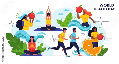 People engaging in healthy activities on world health day with fruits and green leaves around them