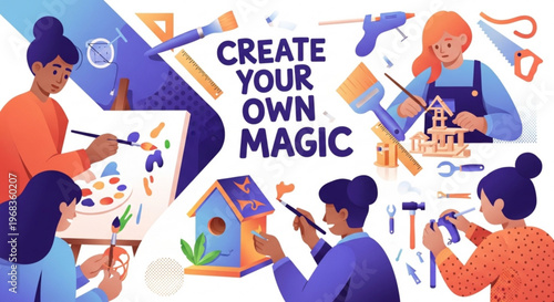 People engaging in creative activities painting and building a birdhouse with tools and supplies around them diy concept