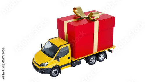 Canvas-taulu Bright yellow delivery truck transporting a large red gift box tied with a golde