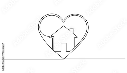 Continuous one line drawing Heart Shaped Home Icon, House in Heart, Love Home Symbol, Vector Line Art
