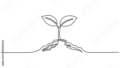 Continuous one line drawing Sprouting plant, seedling growth, roots, leaves, line art