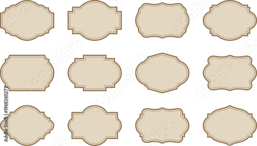 Premium vintage label set with retro decorative shapes. Blank frame templates for heritage and artisanal product packaging and branding. Vector illustration collection in beige and brown colors.