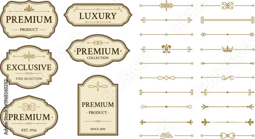 Classic retro badges and ornamental dividers in refined vintage style. Decorative badges for luxury branding, premium packaging and product design.