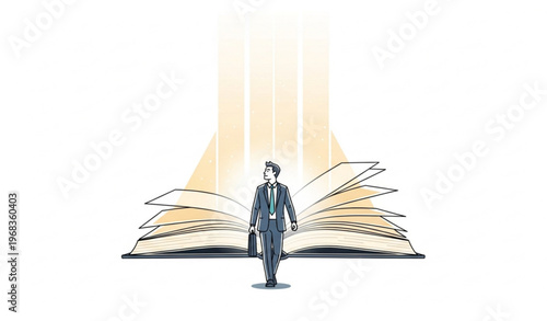 Businessman Walking Toward Glowing Scripture Book Faith Concept Vector