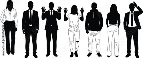 Collection of diverse people silhouettes in business suits and casual clothing standing in line making gestures like waving and thinking over white background
