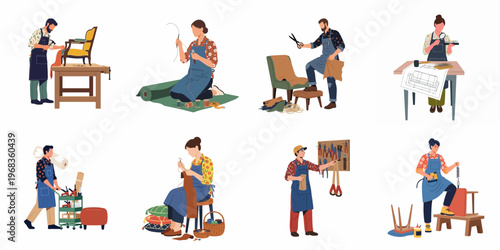 Diverse illustrations of artisans and craftspeople engaged in furniture restoration, upholstery, sewing, and woodworking tasks in their workshops.