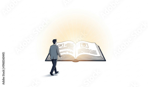 Businessman Walking Toward Glowing Scripture Book Faith Concept Vector