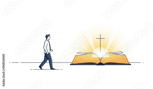Businessman Walking Toward Glowing Scripture Book Faith Concept Vector
