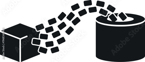 Black cubes flowing from a box into a cylindrical container