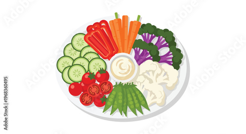 Vibrant Assortment of Freshly Prepared Vegetable Dipping Platter with Creamy Dip