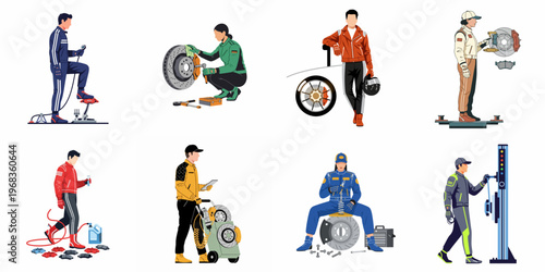 Set of diverse flat illustrations showcasing automotive mechanics and racing technicians performing vehicle maintenance, brake system repairs, and diagnostic inspections.