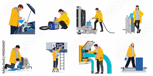 Industrial workers in yellow jackets performing various maintenance, repair, and fluid management tasks on heavy machinery and technical equipment.