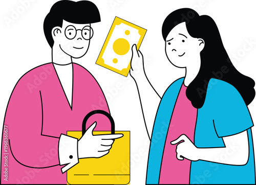 Two people engaging in a conversation while one shows a document and points towards a box