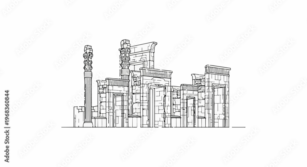 Obraz premium Architectural line art sketch of ancient ruins with tall pillars and stone walls
