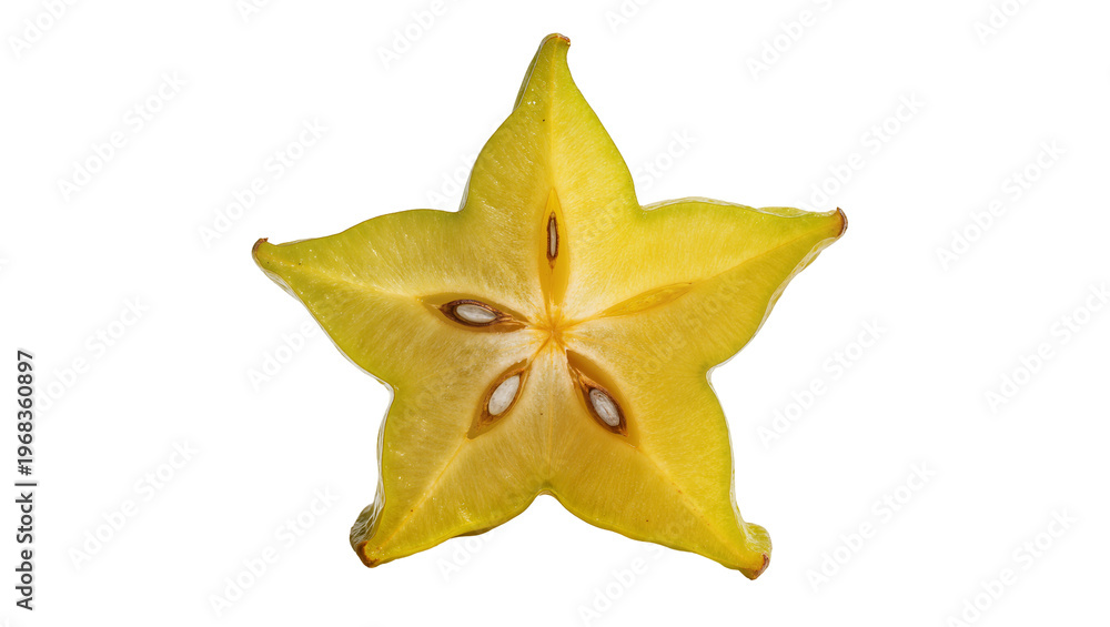 Fototapeta premium Ripe starfruit cut in half revealing juicy yellow segments and dark brown seeds, isolated on transparent background for tropical food designs