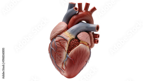 Detailed anatomical human heart model with arteries and veins showcasing intricate internal structure, isolated on transparent background for medical diagrams