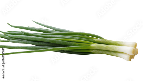 Foto Bundle of fresh green scallions, neatly arranged and isolated on transparent bac