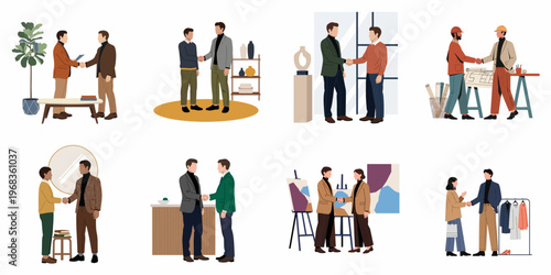 Diverse professional people shaking hands in various business settings including offices, art studios, and construction sites, representing partnership, agreement, and successful collaboration.
