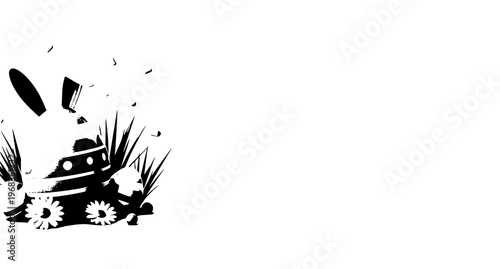 A black and white vector graphic illustration of a tank exploding in a field