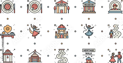 Cultural heritage and tourism icons set museum dance tradition travel vector illustration flat design collection historical elements