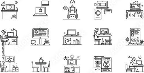 Remote work and online travel booking icons set workspace passport laptop vector illustration minimal outline collection design