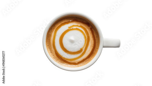 Photos Swirling caramel latte art pattern in a ceramic mug, beautifully isolated on tra